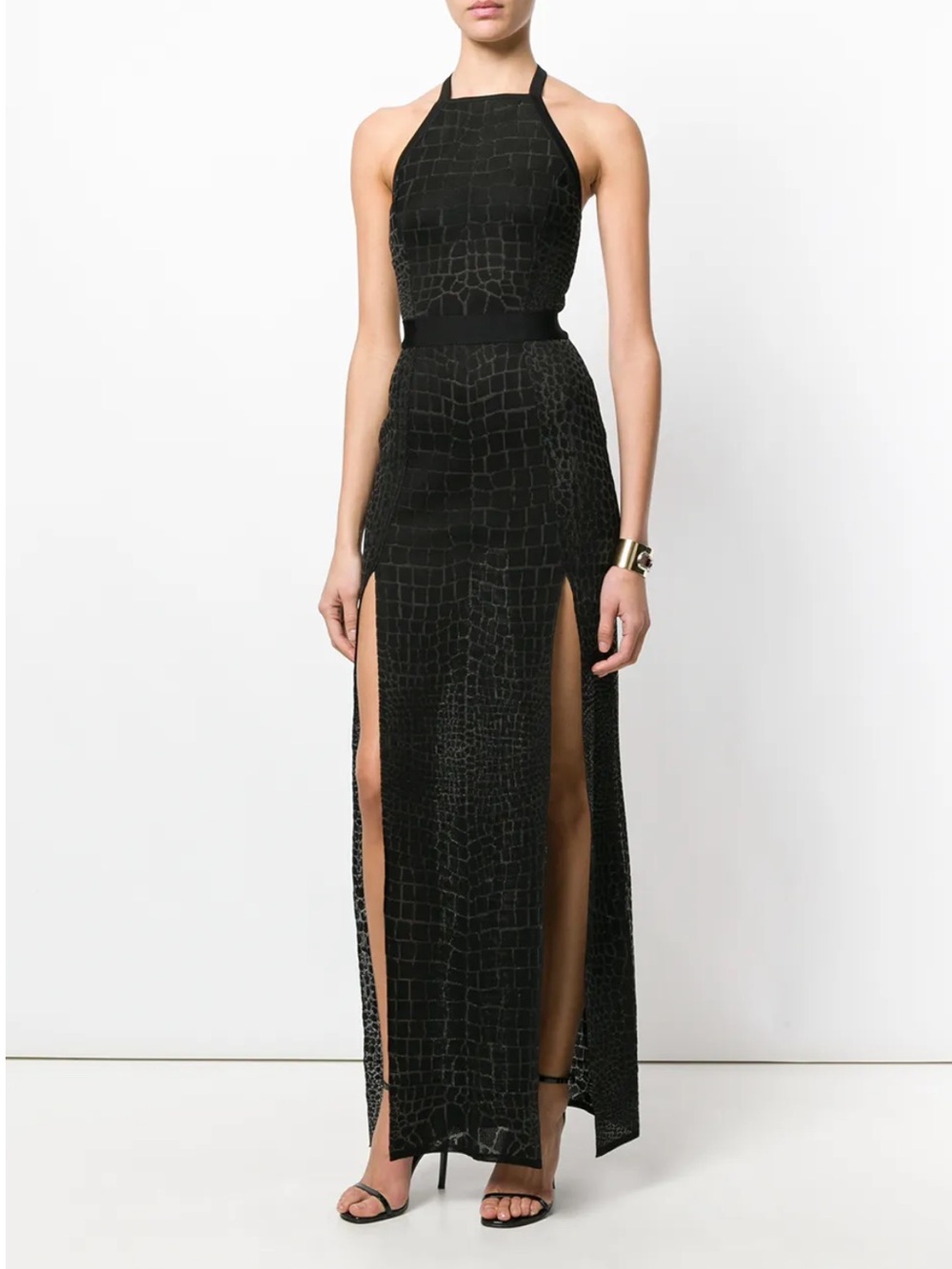 Balmain Crocodile effect Black Halter Maxi Dress gown w/ 2 High Slits  FR38 XS S
